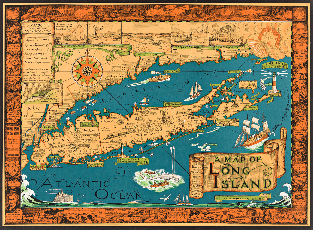 COURTLAND SMITH (1907-2005).  MAP OF LONG ISLAND. 1961. 19½x26½ inches, 49½x67¼ cm. Gerson Offset Litho Co., Inc., New York.